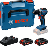 Bosch GSR18V-52 boremaskine med kuffert, oplader og to batterier.